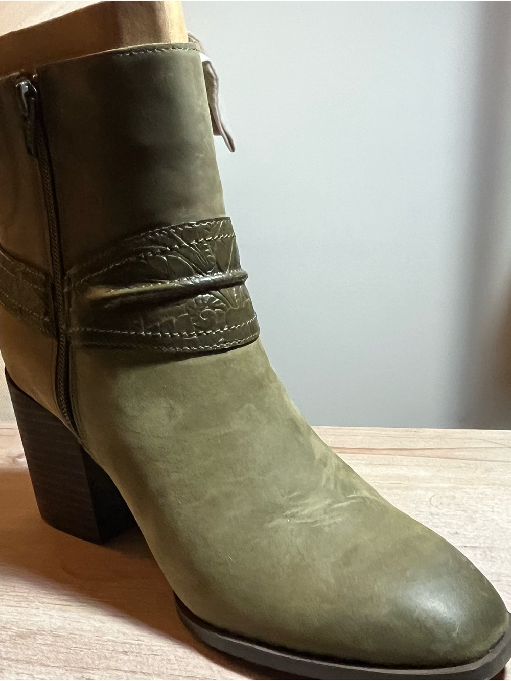 Vionic Olive Suede Ankle Boot with Stacked Block Heel